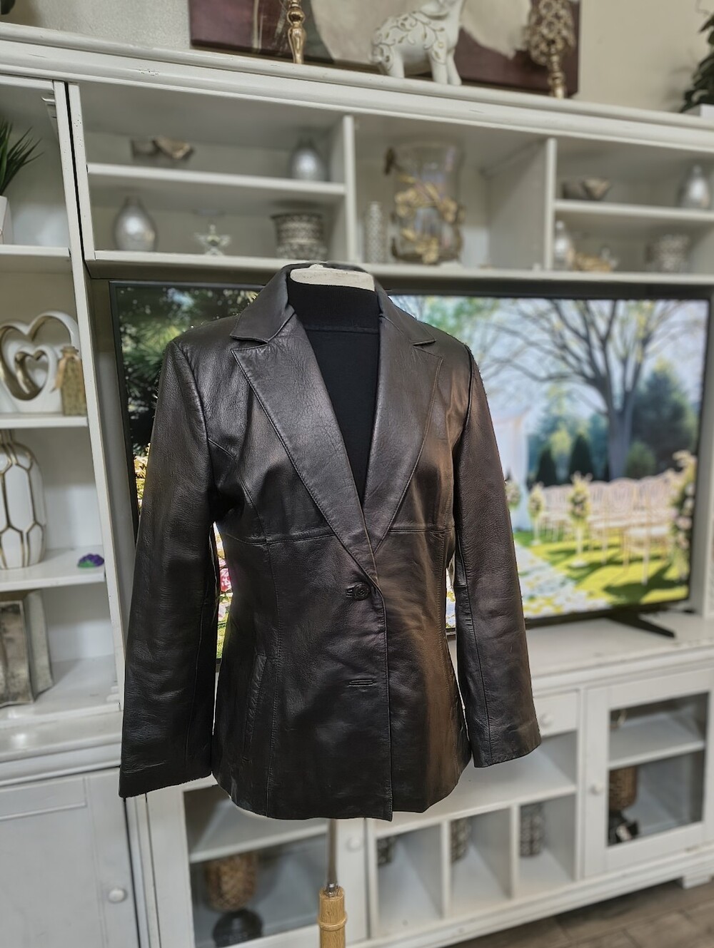 Women's Black Leather Button Blazer Jacket